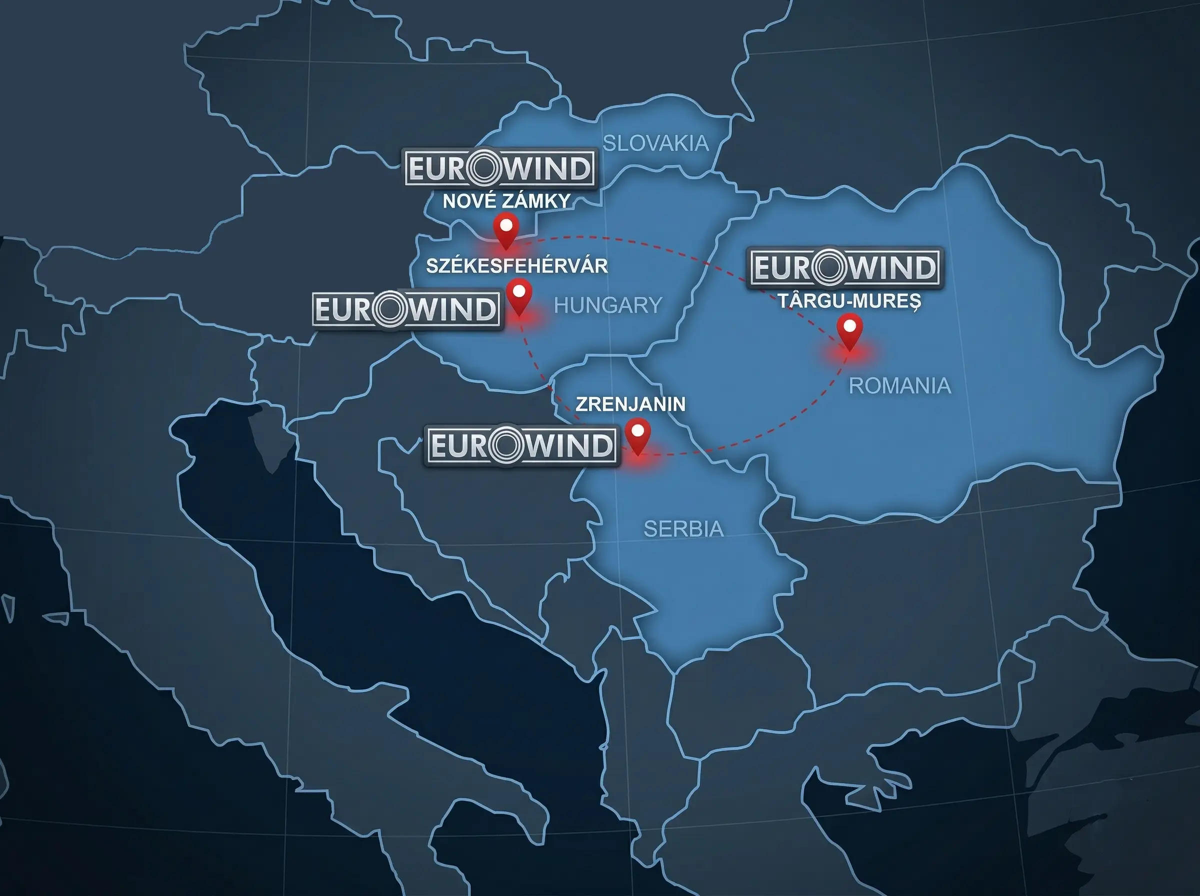 Eurowind telephelyek — Magyarország, Románia, Szlovákia, Szerbia